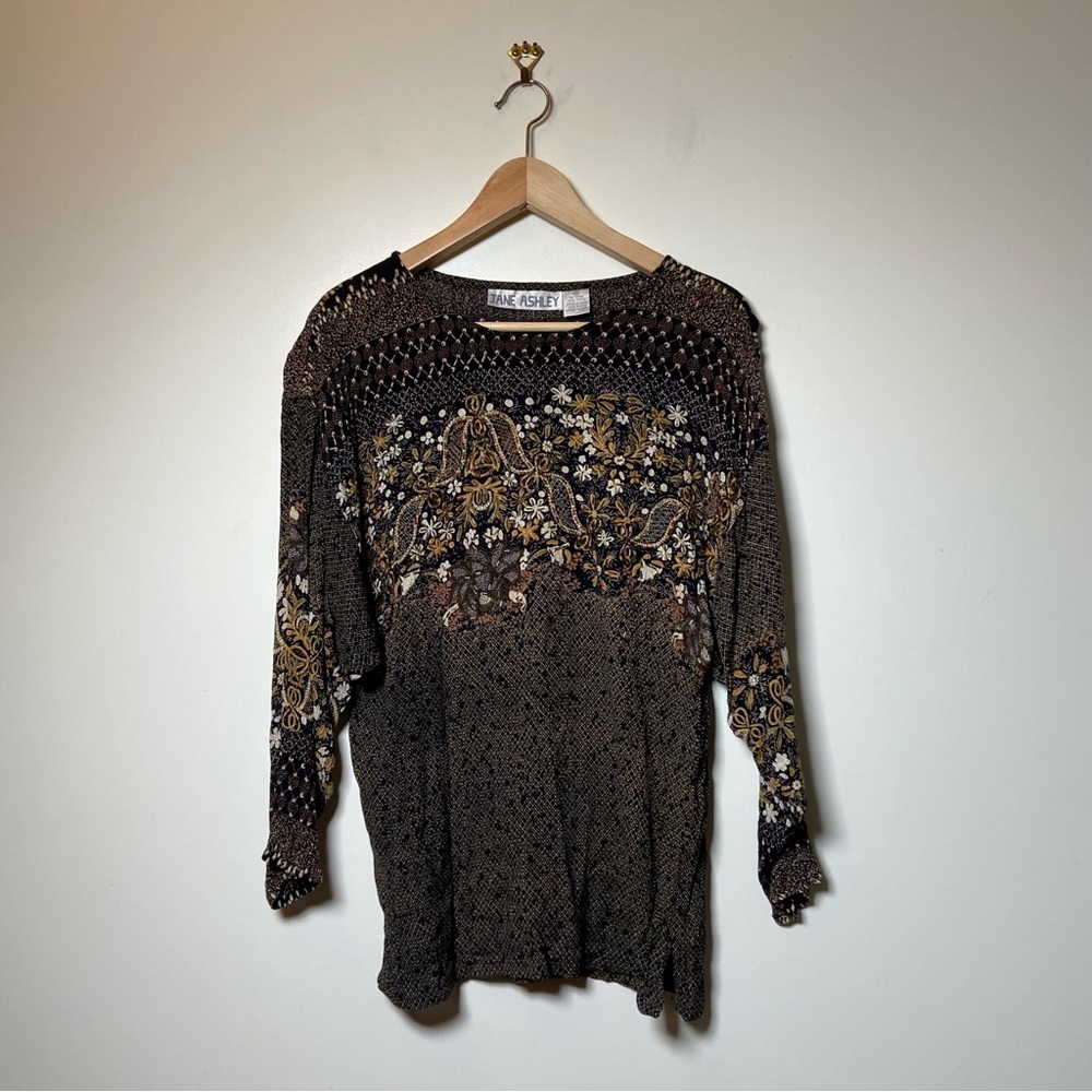 Jane Ashley Vintage Floral Long Sleeve Top with Beaded Detail Medium